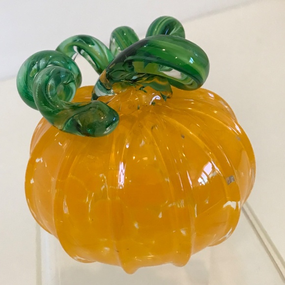Art Blown Glass Pumpkin Curly Stem 3” Orange and Green - Picture 10 of 16